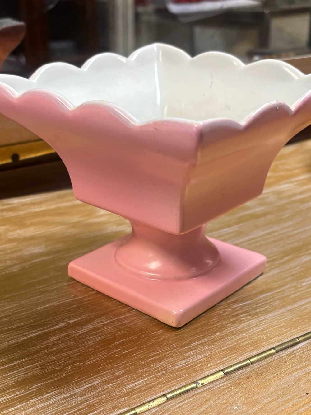 Vintage Hull USA Pink Scalloped Ceramic Pedestal Bowl - Home Accents